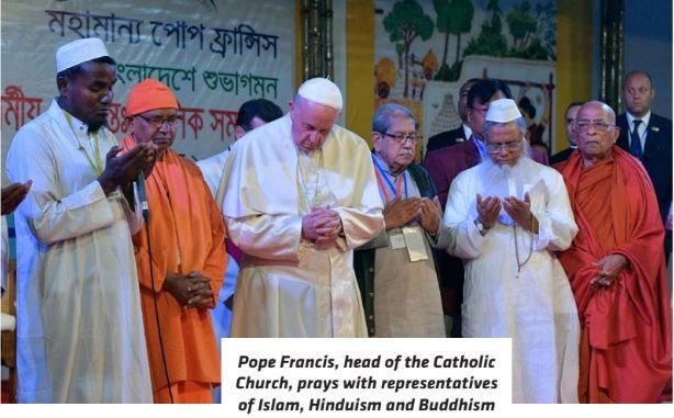 pope francis, head of the catholic church, prays with representatives of islam, hinduism and buddhism