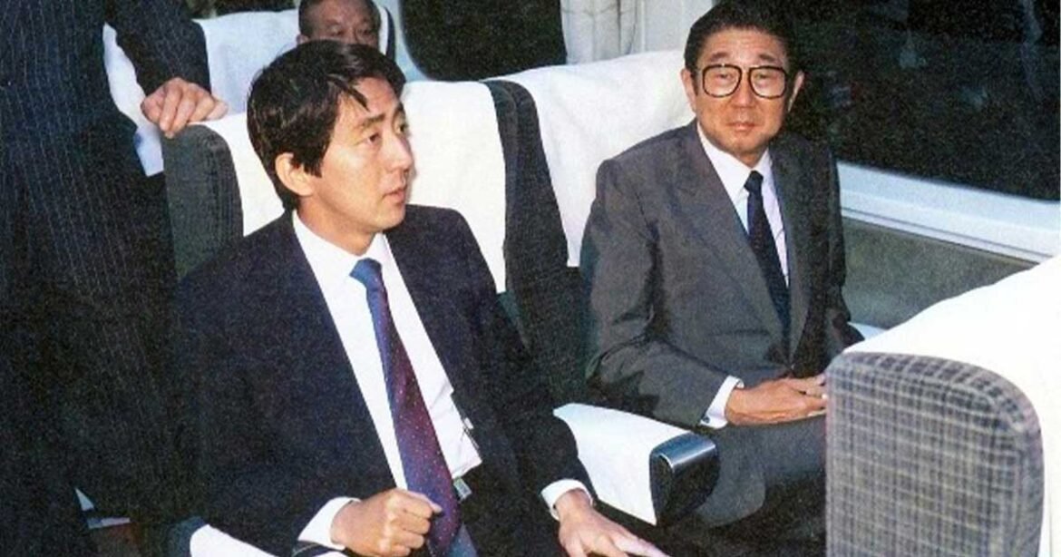 Shinzo Abe (left) and his father, Shintaro, who was Japan's foreign minister from 1982 to 1986, are pictured here in 1987