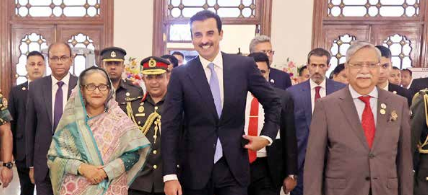 Emir Sheikh Tamim bin Hamad Al Thani welcomed by President Mohammed Shahabuddin and Prime Minister Sheikh Hasina during his visit to Dhaka on April 23, 2024