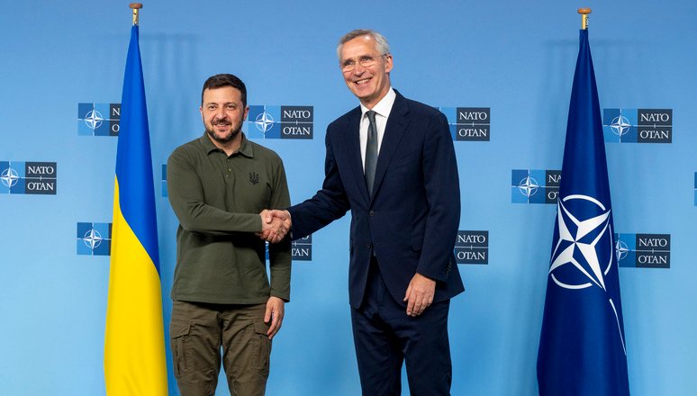 Ukrainian President Volodymyr Zelenskyy with NATO Secretary General Jens Stoltenberg during a visit to NATO Headquarters in Brussels, Belgium on 27 June 2024.