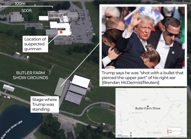 Map showing Shooting details of Donald Trump