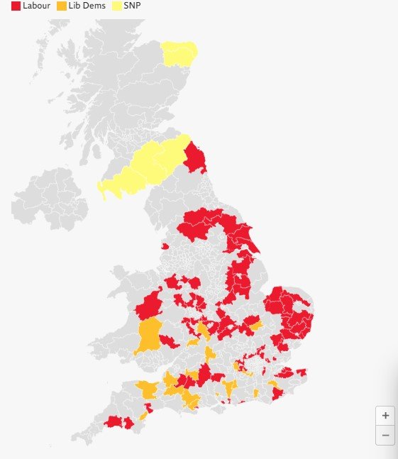 Which left-wing party is closest to overtaking the Tories in these seats